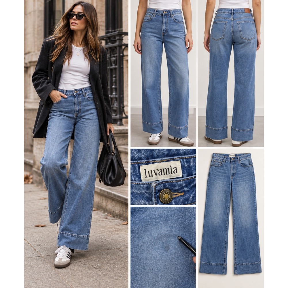 Luvamia High Rise Wide Leg Jeans Blue 90s Y2K Statement Hem 33 Waist Streetwear